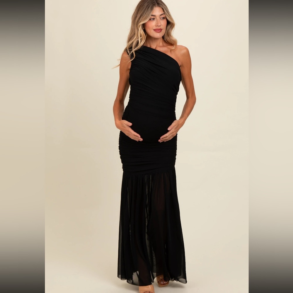 🖤Pinkblush Black Ruched One-Shoulder Maternity Maxi Dress🖤